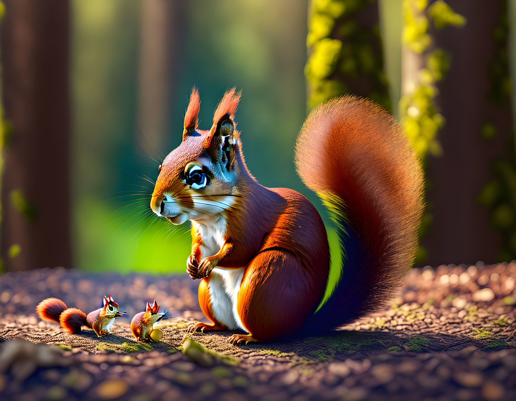 Colorful illustration of large and tiny squirrels in lush forest scenery