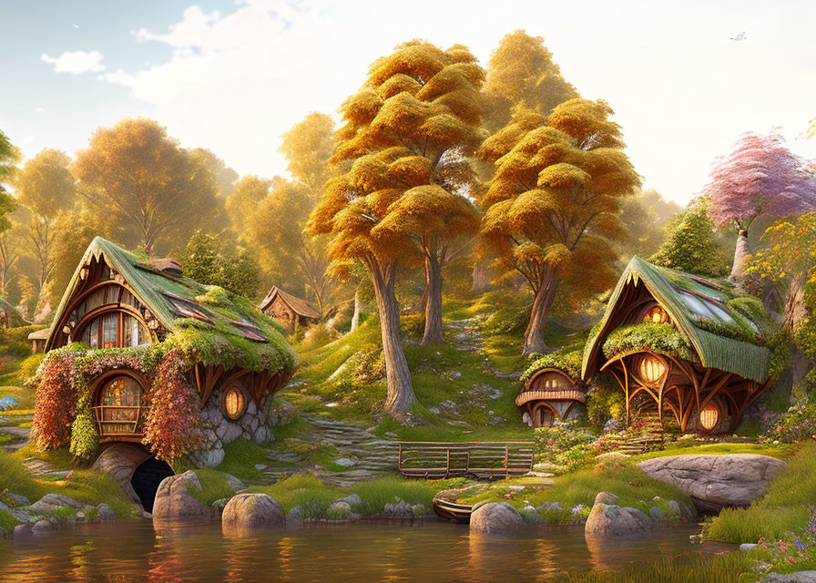 Tranquil fantasy landscape with thatched-roof houses in lush greenery