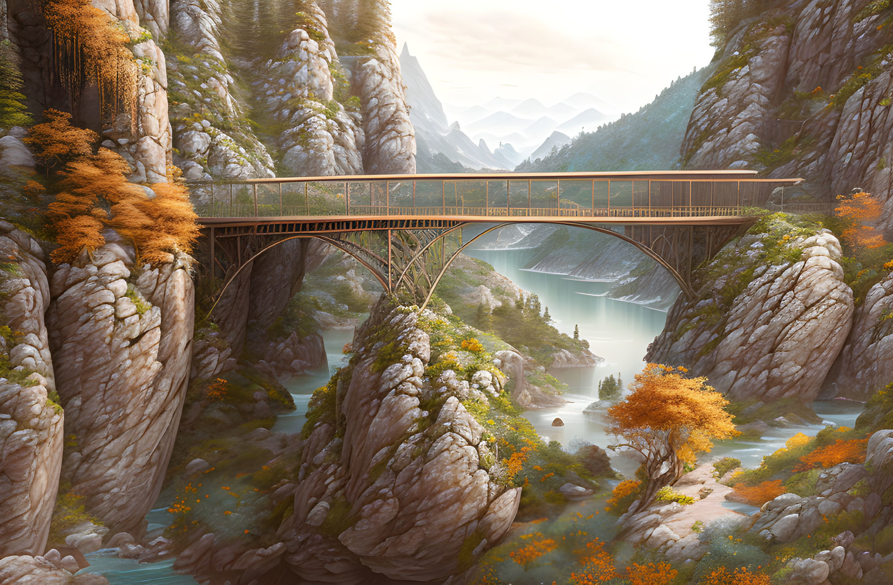 Scenic landscape: bridge over river, mountains, autumn trees, rock formations