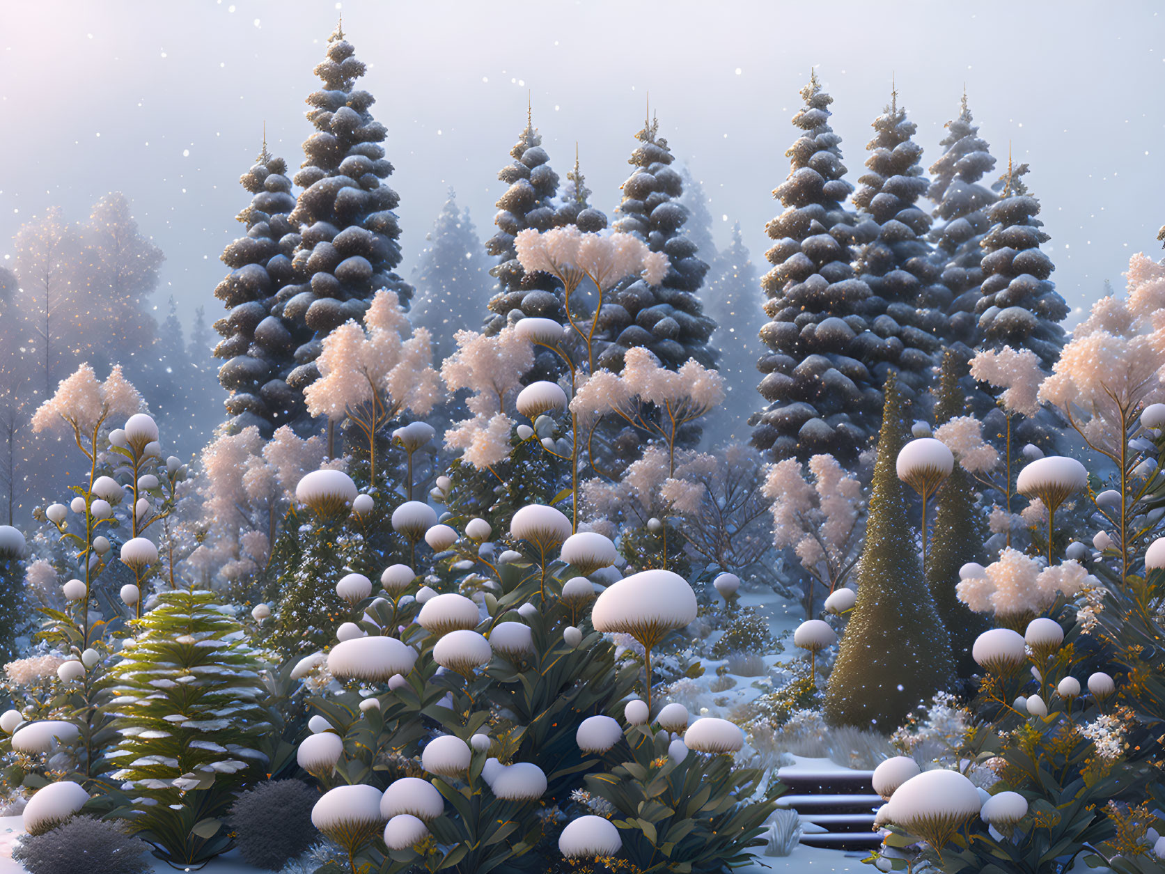 Tranquil winter scene with snow-covered pine trees and gentle snowfall