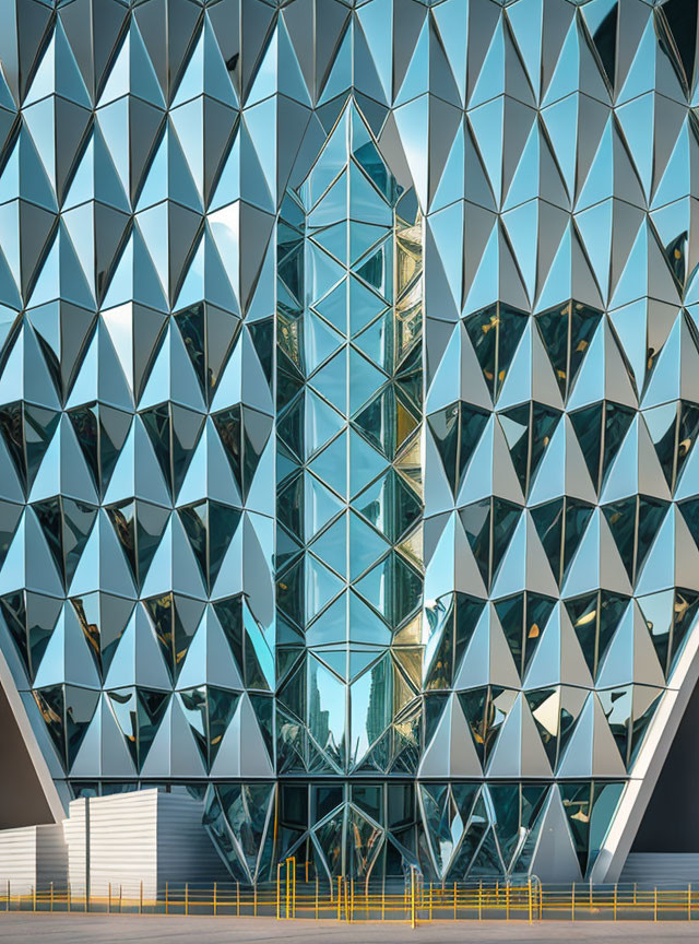 Contemporary building with geometric glass facade and triangular patterns.