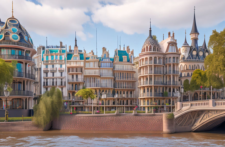 European-style buildings and bridge by picturesque riverside