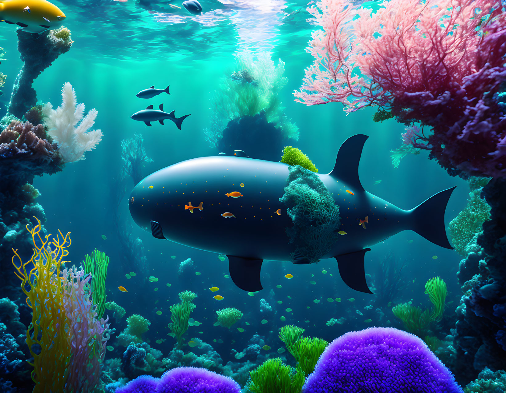 Whale-shaped submarine in vibrant underwater coral scene