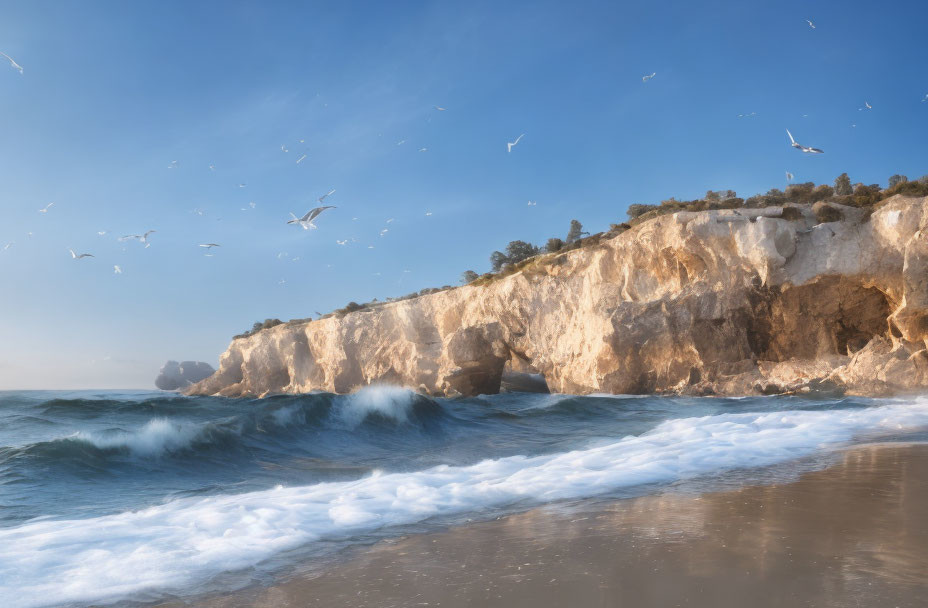 Tranquil beach scene with rolling waves, blue sky, seagulls, and sunlit cliff