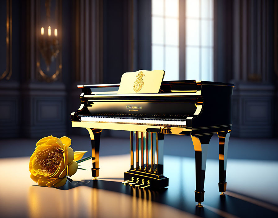 Elegant room with grand piano and gold detailing