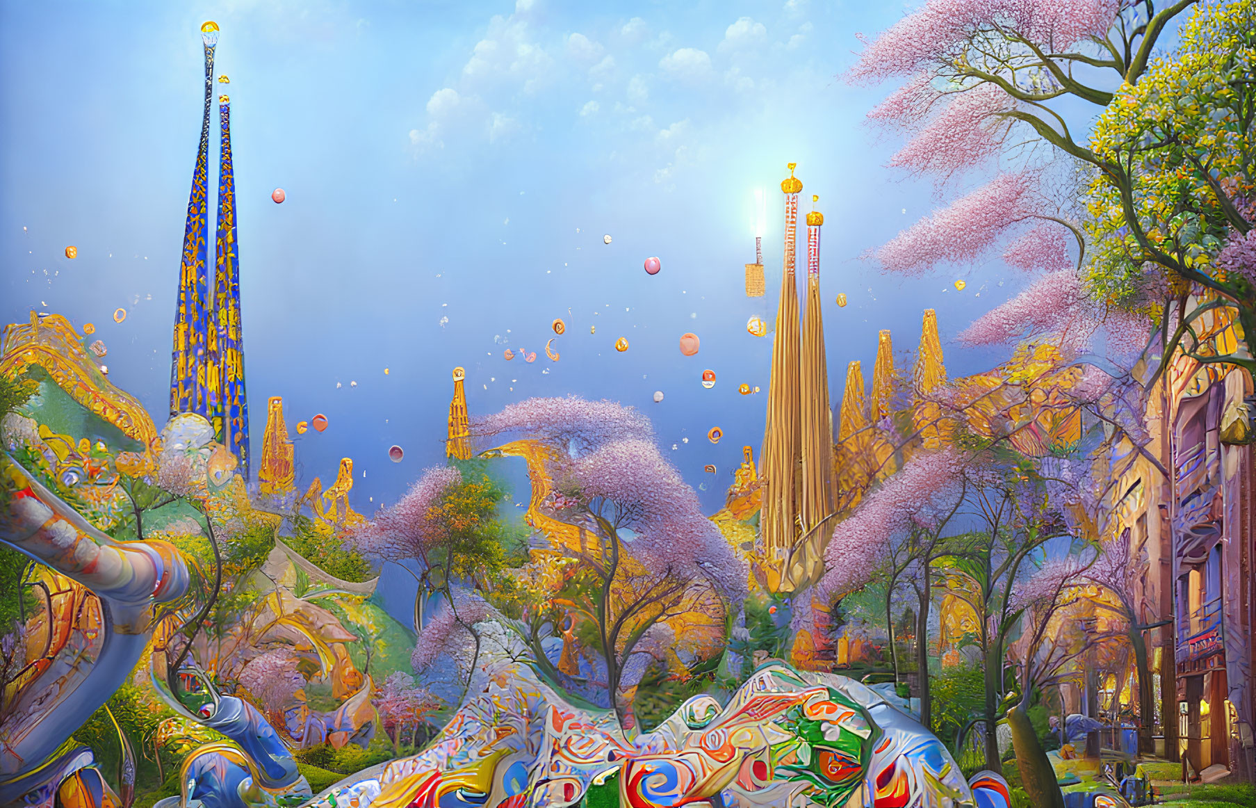 Colorful Gaudí-inspired cityscape with cherry trees and floating orbs