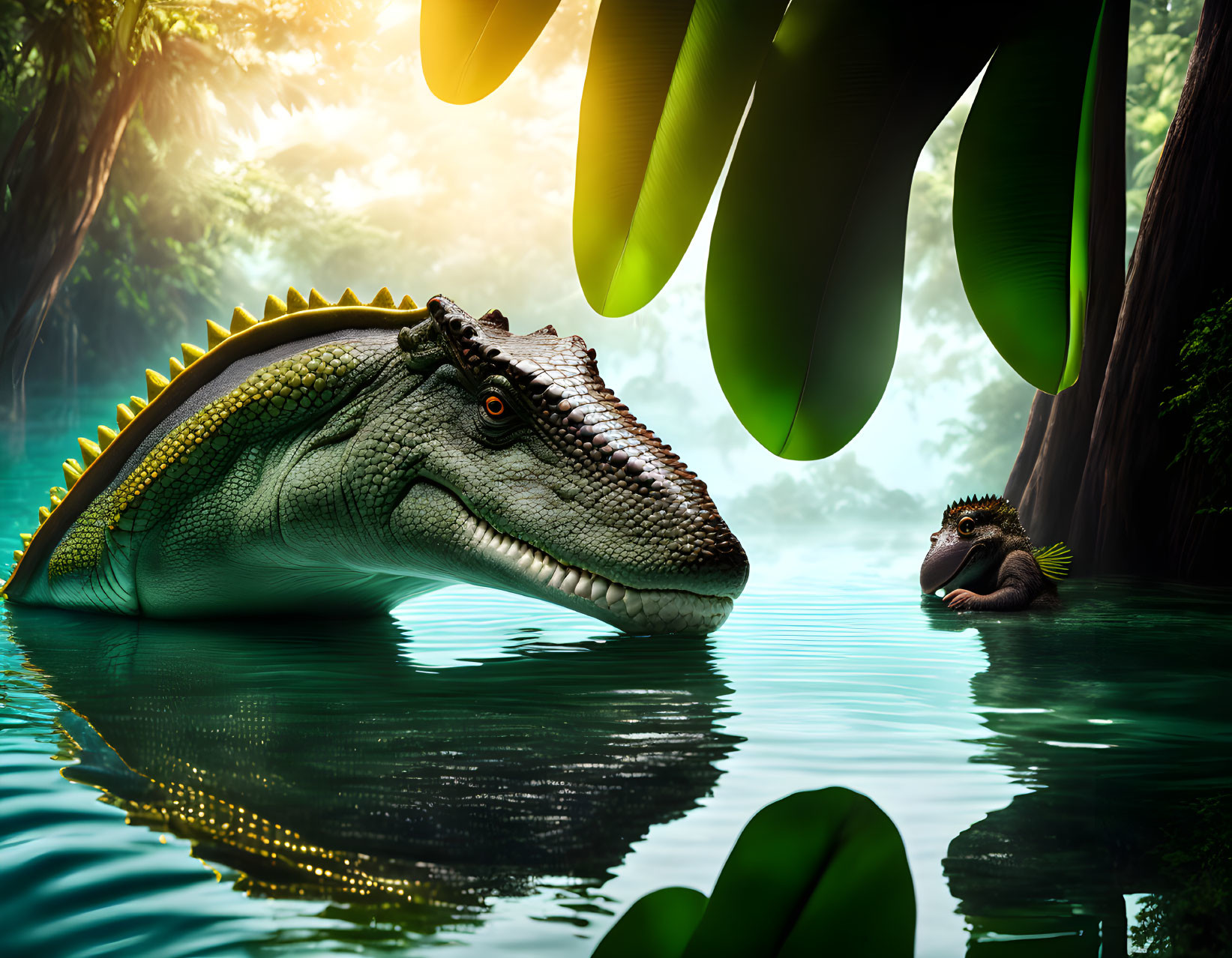 Two Crocodiles in Serene Jungle Waterway