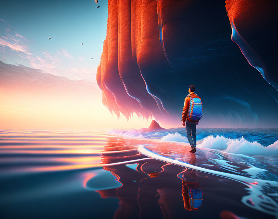 Person standing on reflective water surface gazing at surreal rock formation under sunset sky with birds