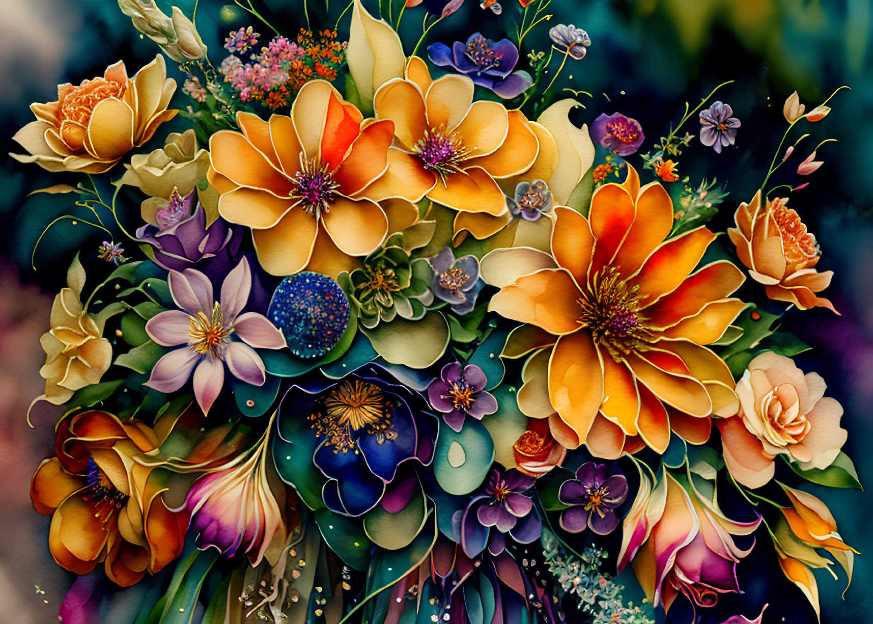 Colorful Flower Bouquet Illustration with Rich Palette & Detailed Textures