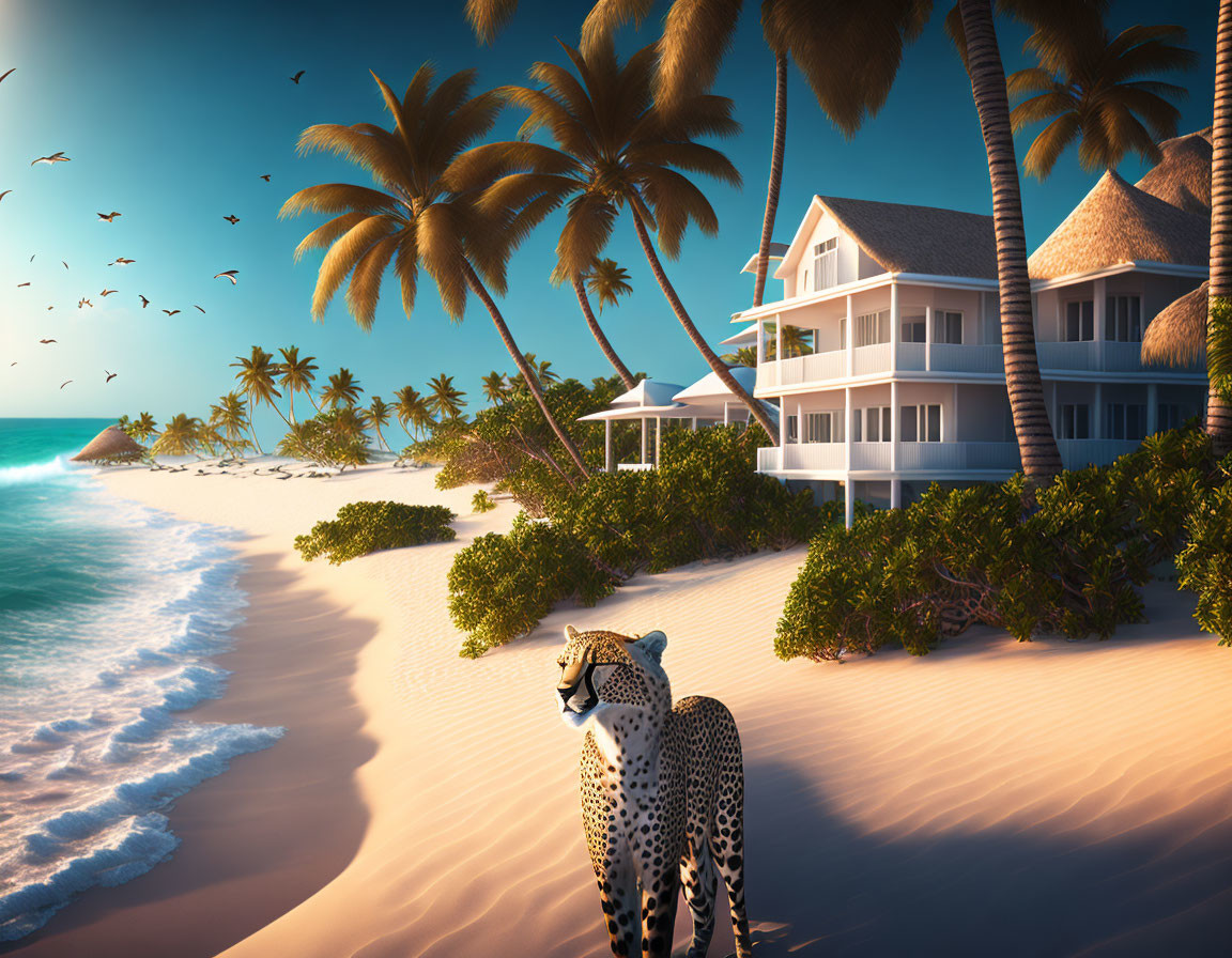 Cheetah on Tropical Beach at Sunset with Palm Trees and Ocean Waves