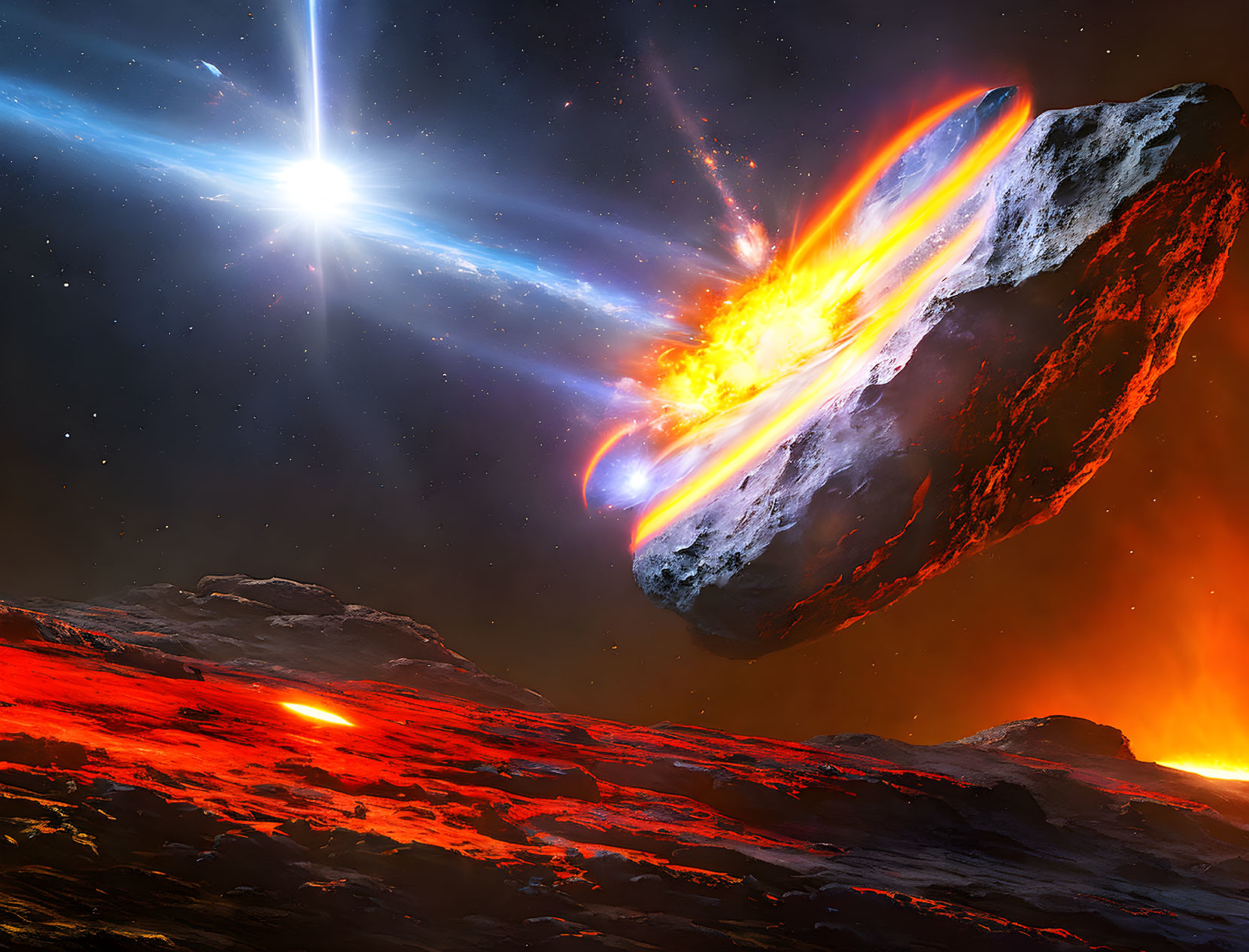 Fiery asteroid passing star in space scene with molten lava planet.