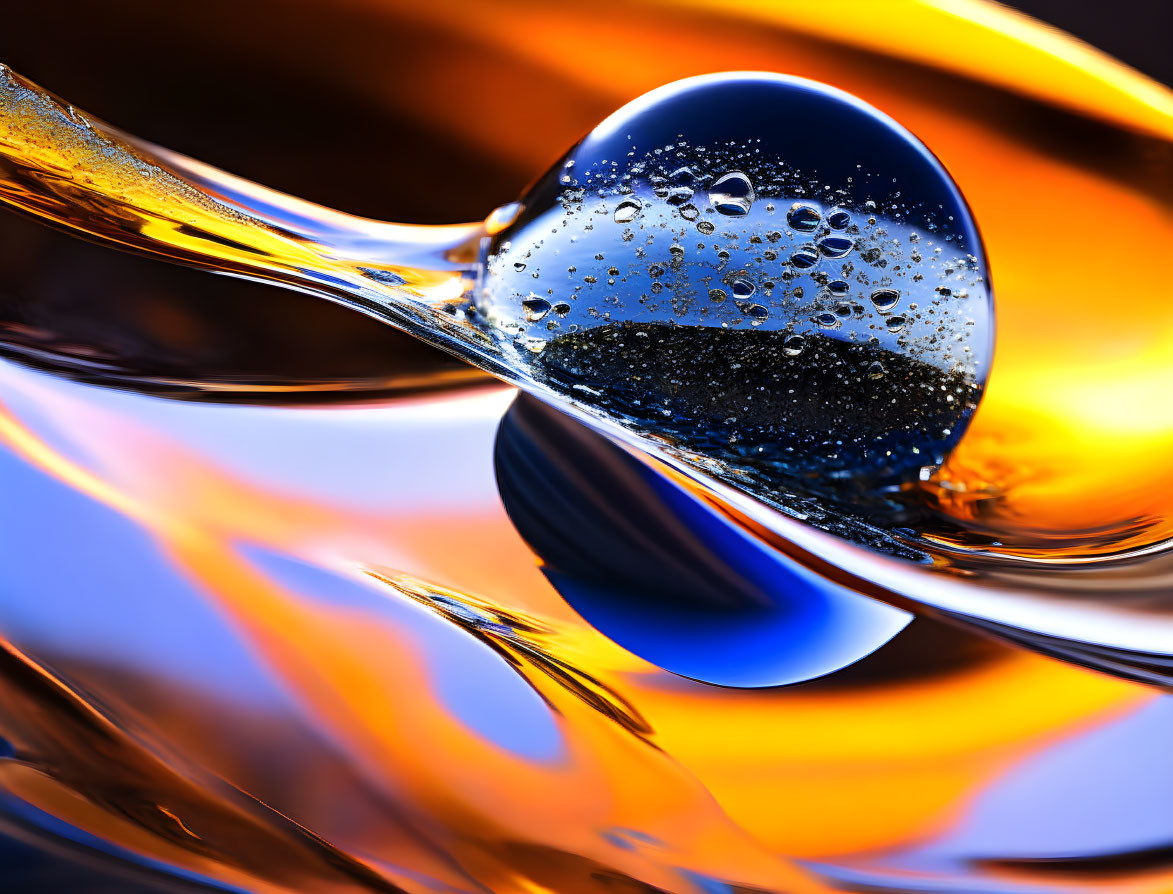 Spherical Glass Object with Bubbles on Reflective Surface