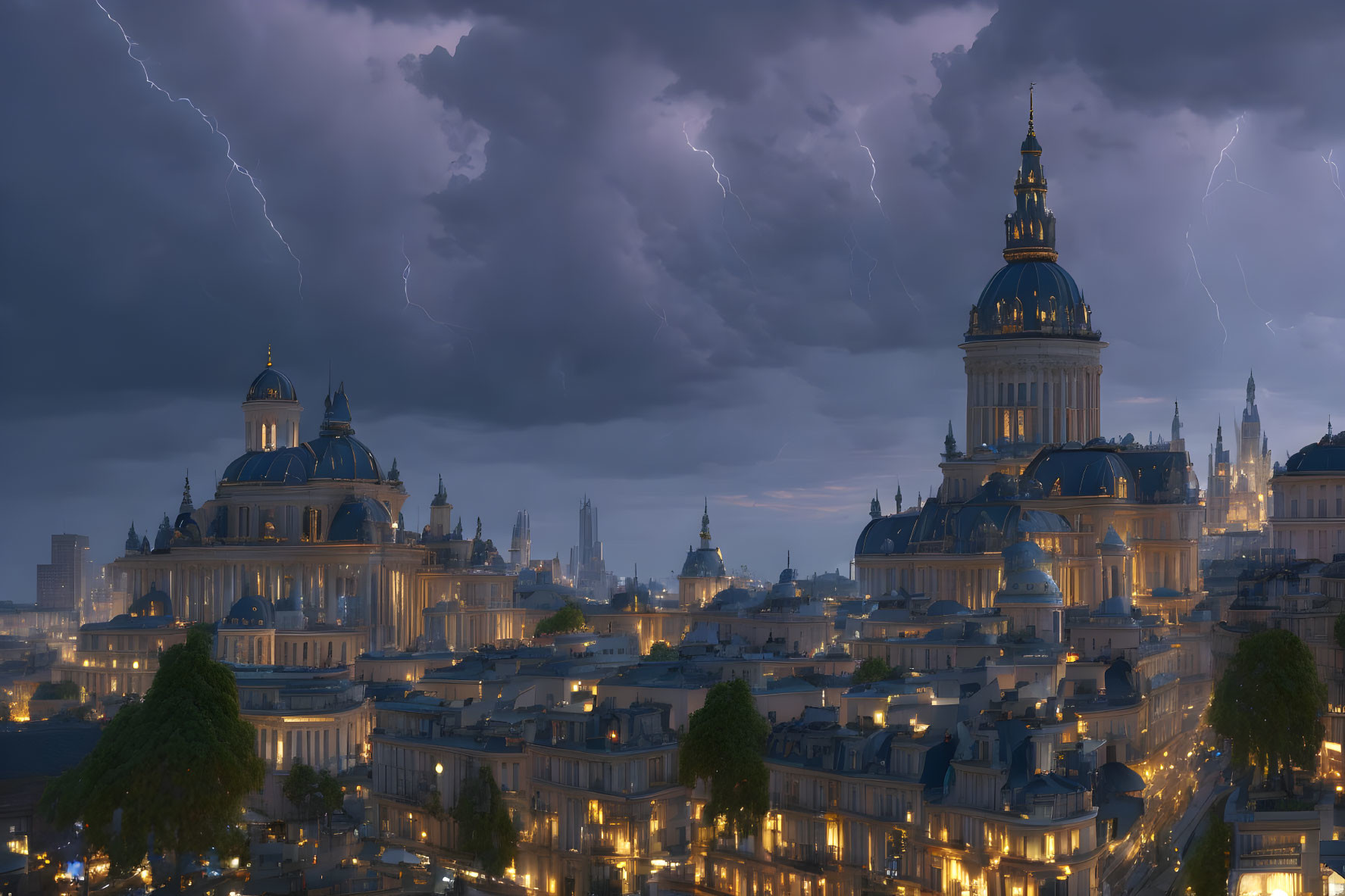 Historic city skyline at night with lightning strikes on stormy sky