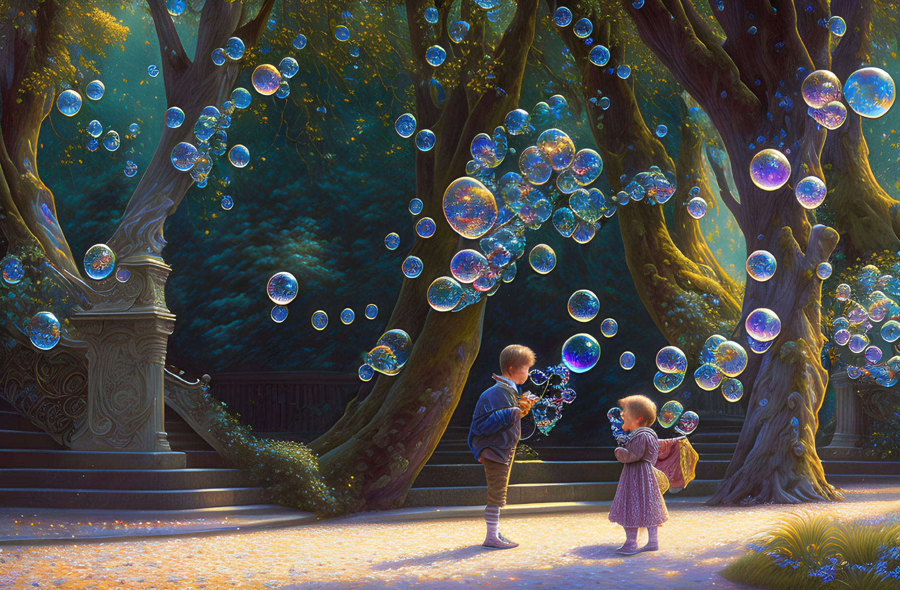 Children blowing soap bubbles in a magical forest with iridescent bubbles and golden sunlight.