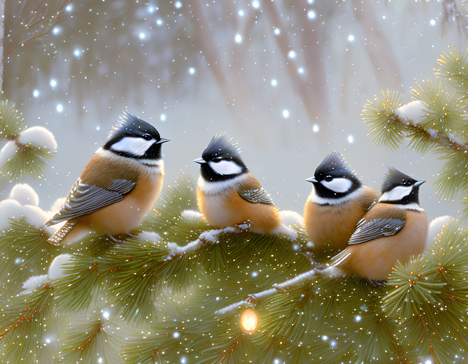 Four Chickadees on Snowy Pine Branch in Winter
