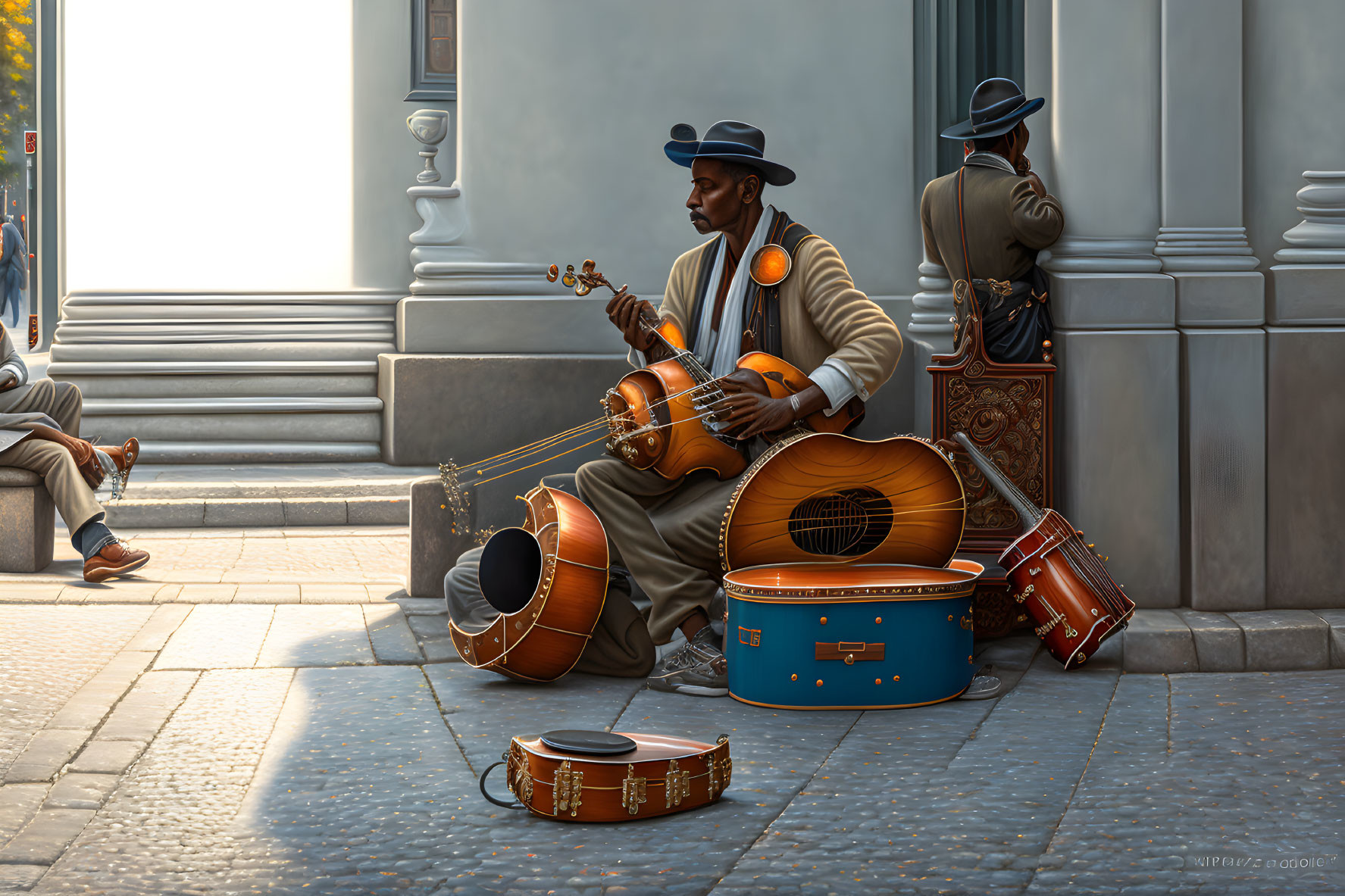 Street Musician in Hat and Suit Plays Guitar Among Instruments on City Sidewalk