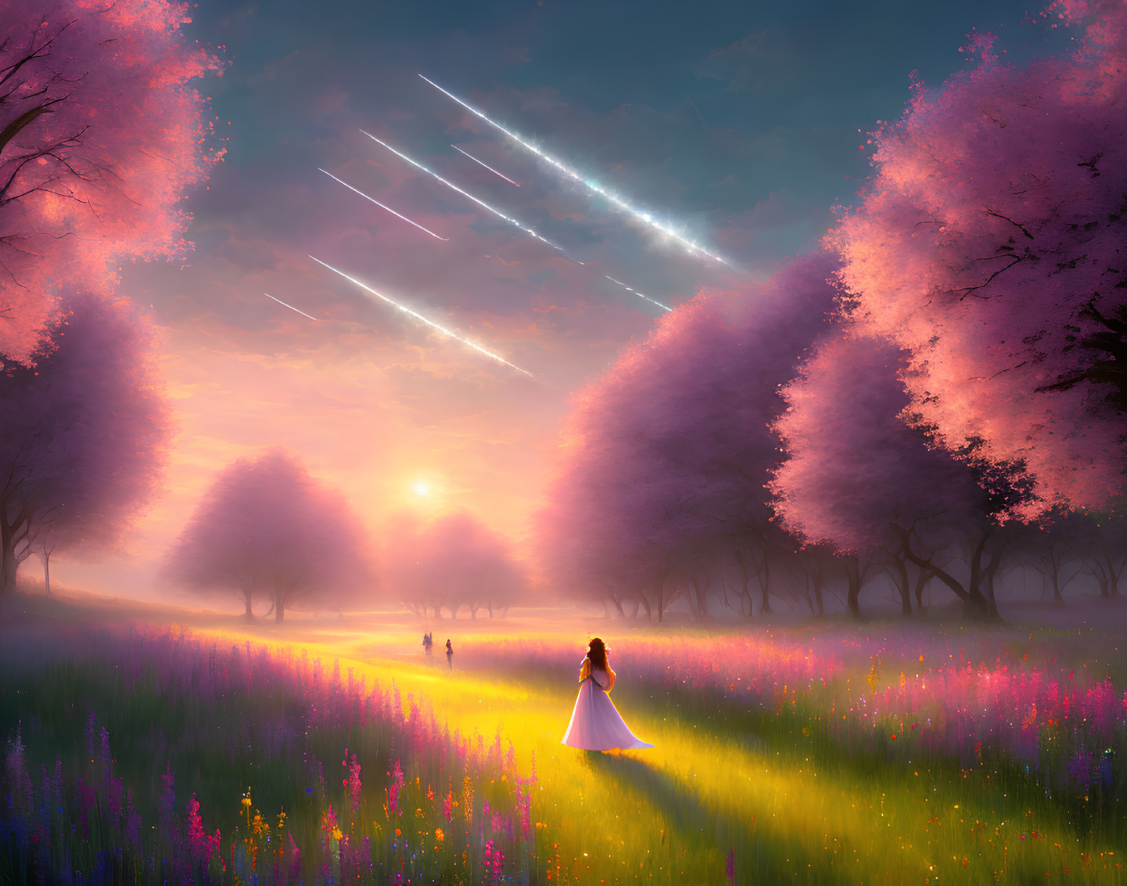 Enchanting cherry blossom trees at sunset with shooting stars and a couple walking in a flower field