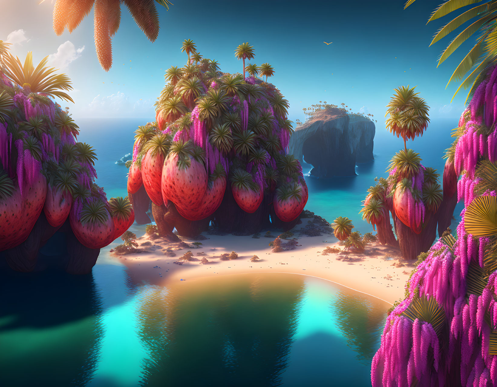 Unique strawberry-shaped rock formations in lush tropical cove