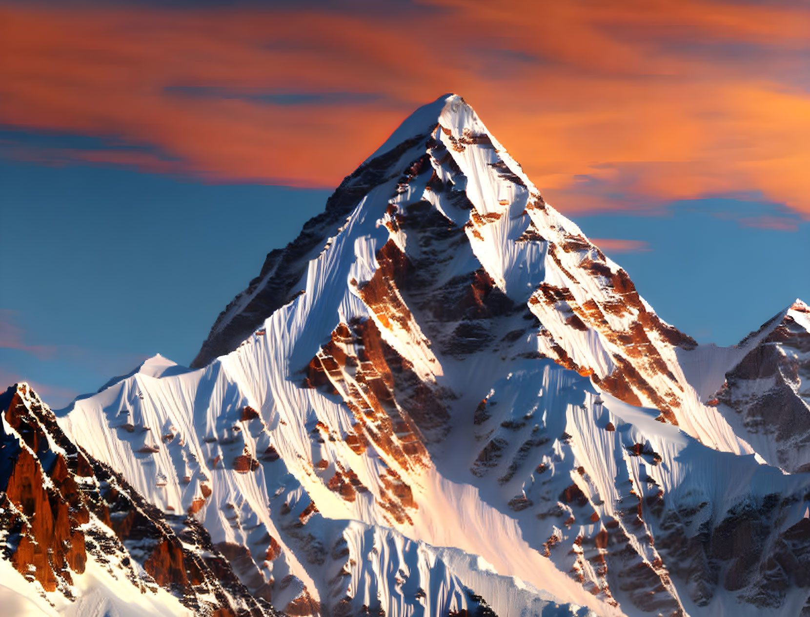 Snow-capped mountain peak at sunset with vibrant orange and pink clouds