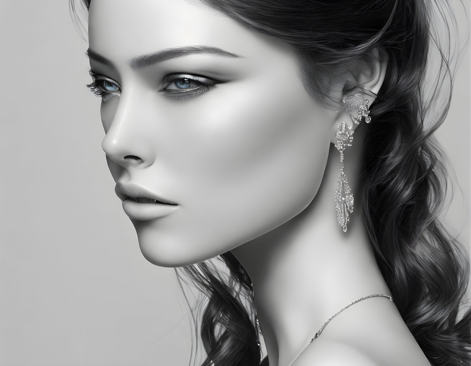 Monochrome portrait of woman with unique facial features and intricate earring