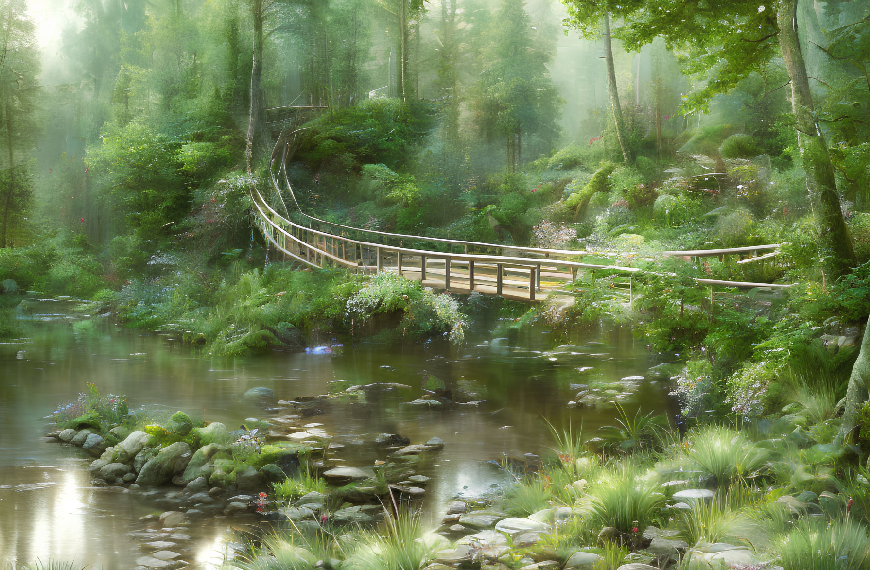 Tranquil Forest Scene with Wooden Bridge and Stream