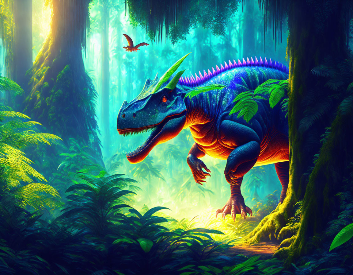 Colorful digital art: Blue and purple dinosaur in sunlit forest with mysterious bird