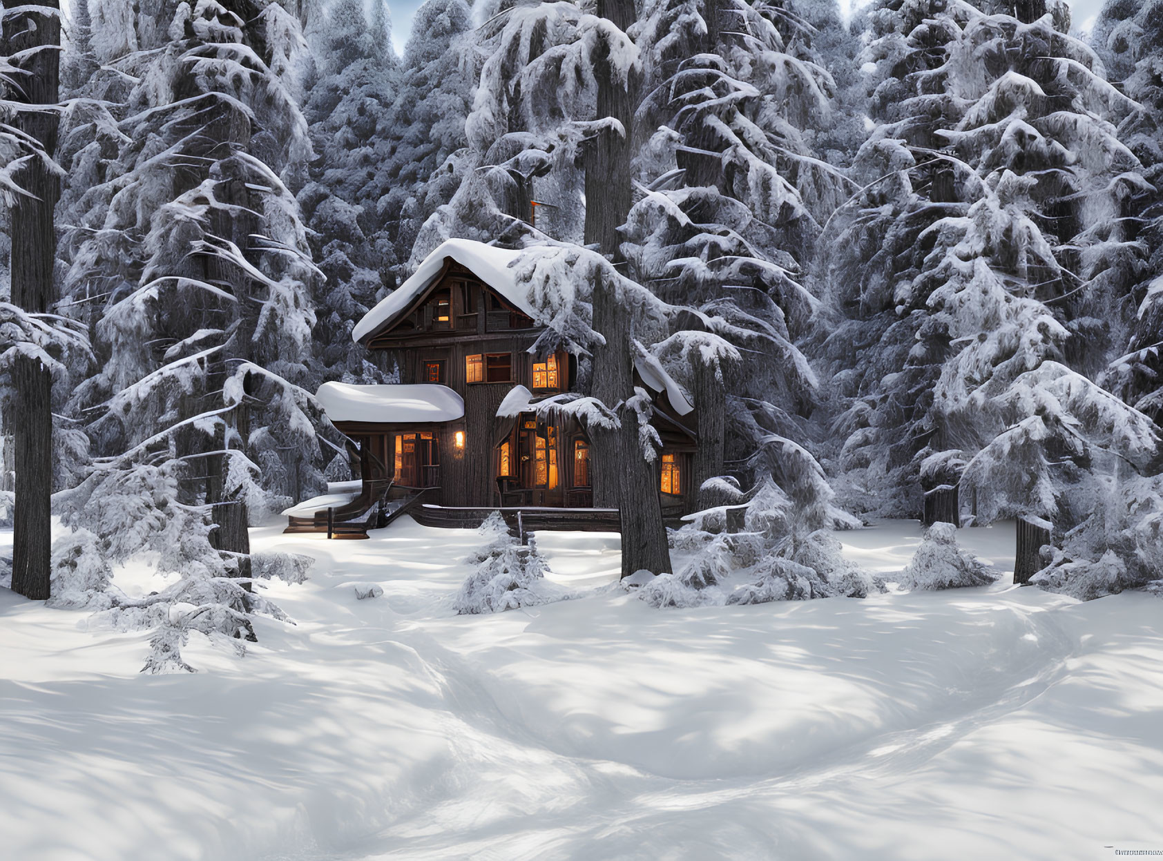 Snow-covered pine trees surround cozy cabin in serene winter forest