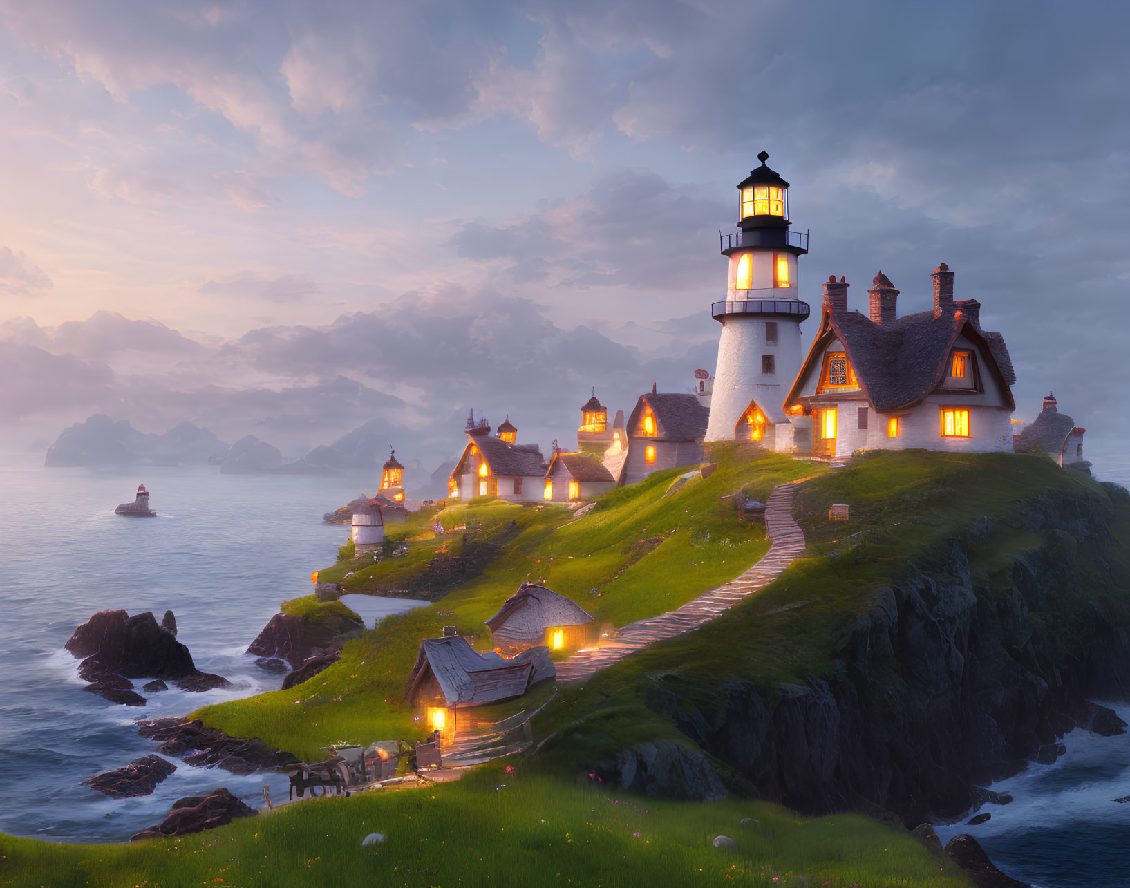 Twilight scene: Lighthouse on cliff with glowing lights, tranquil sea, cloudy sky