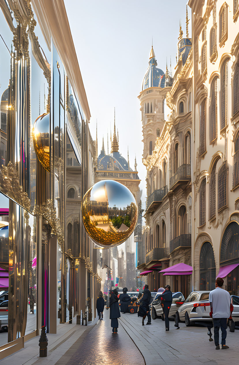 Elegant urban street with decorative orbs and ornate buildings
