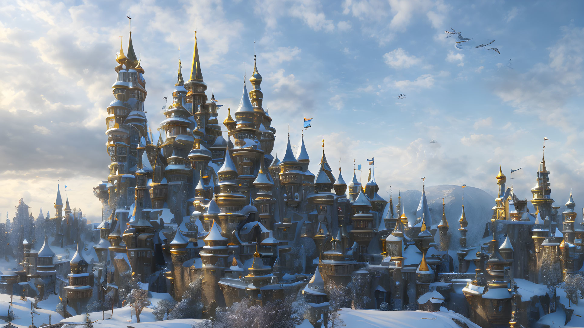 Snow-covered fantasy castle with spires and towers under sunset sky.