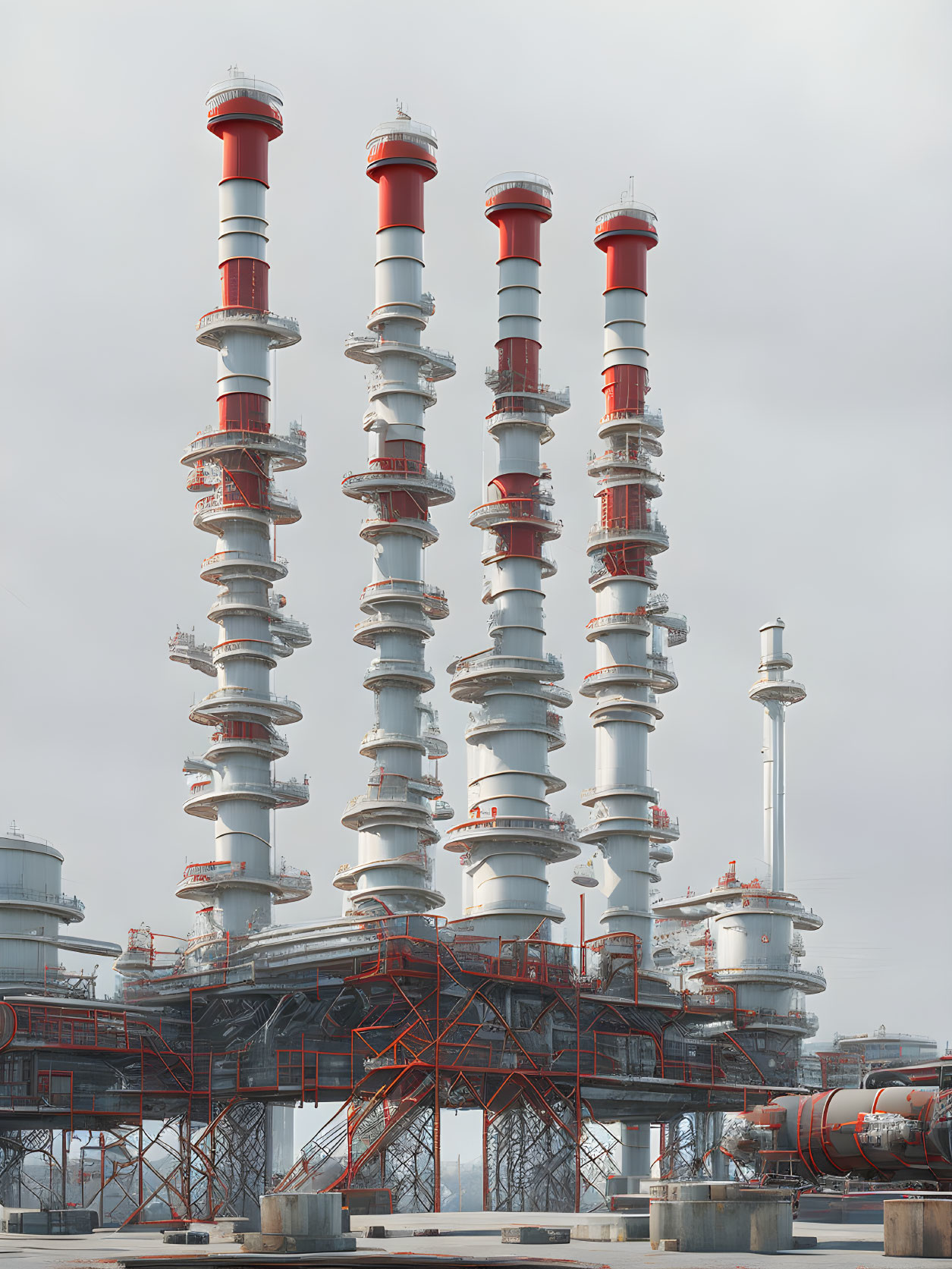 Industrial chimneys with red and white stripes in cloudy sky