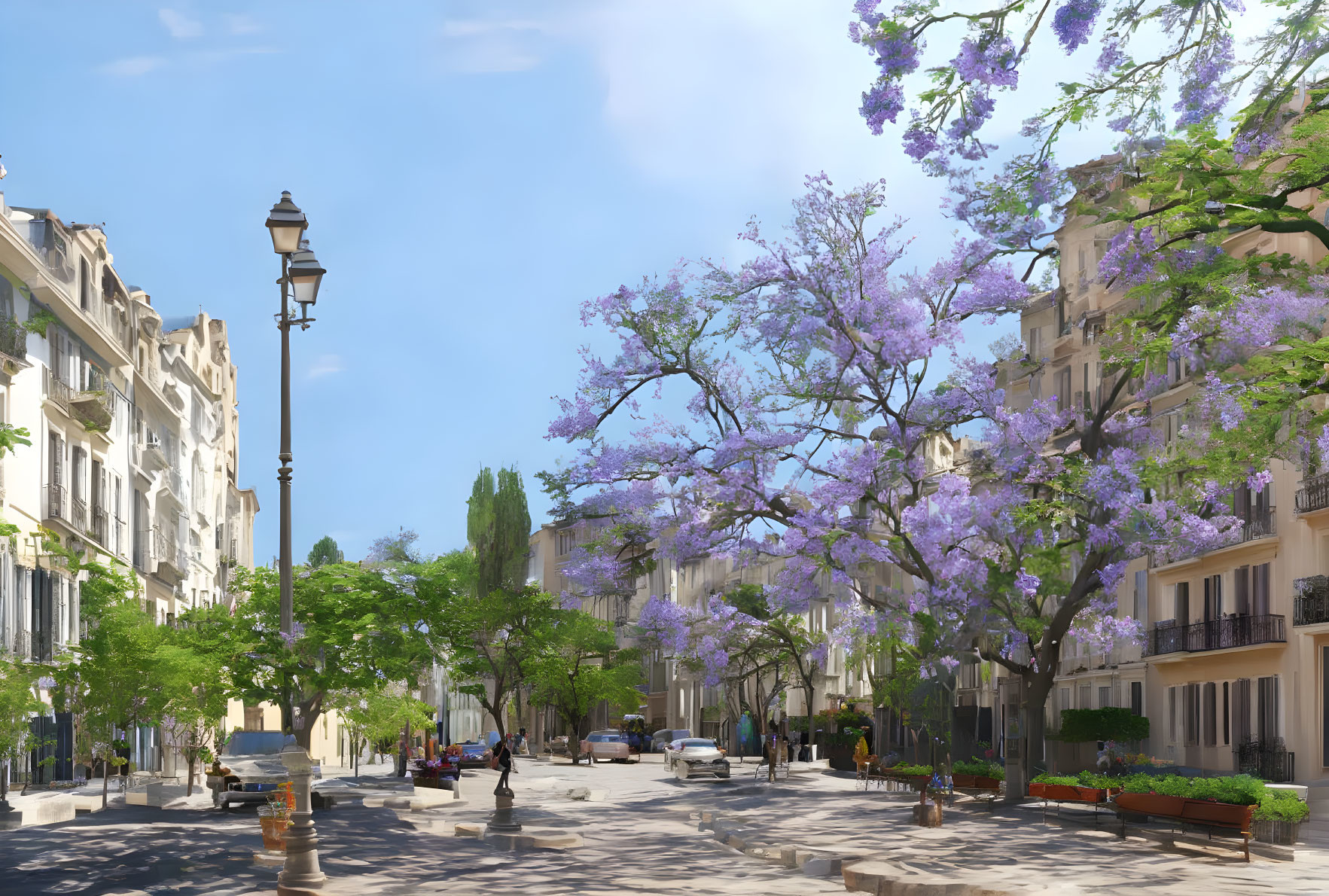 Charming city street with blooming purple jacaranda trees