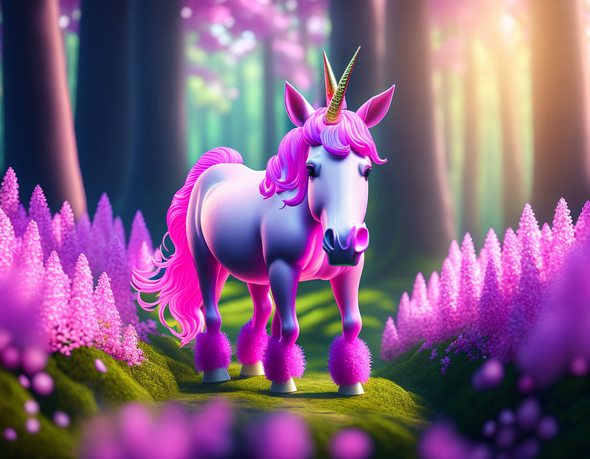 Colorful Unicorn in Magical Forest with Pink and Purple Flora
