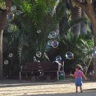 Children blowing soap bubbles in a magical forest with iridescent bubbles and golden sunlight.