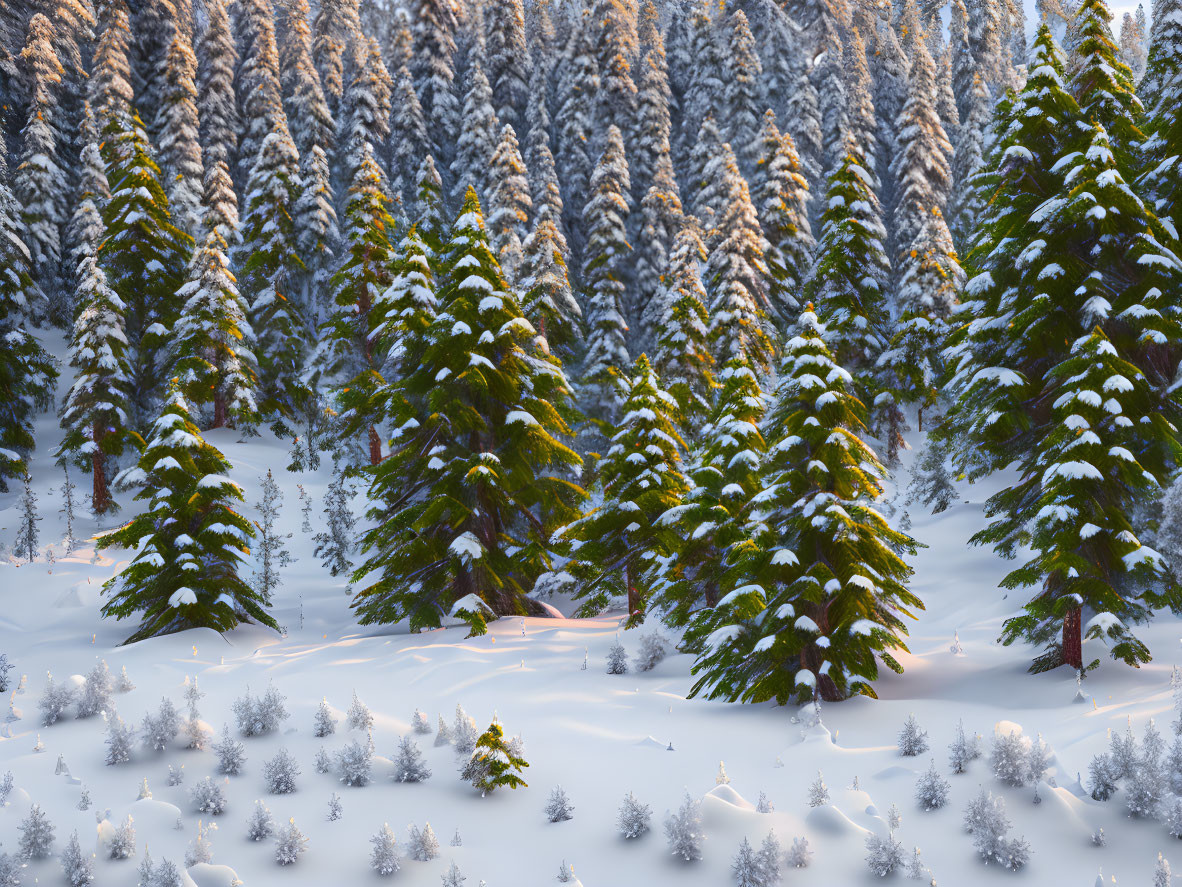 Snow-covered Evergreen Trees in Golden Sunlight