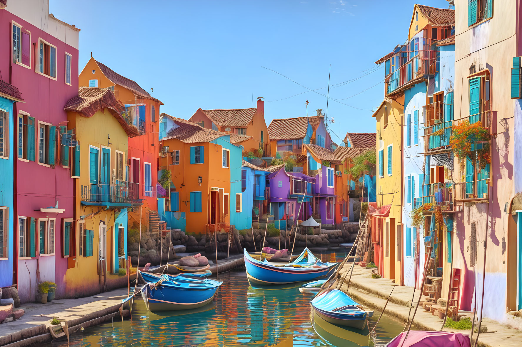 Vibrant canal scene with colorful houses and moored boats