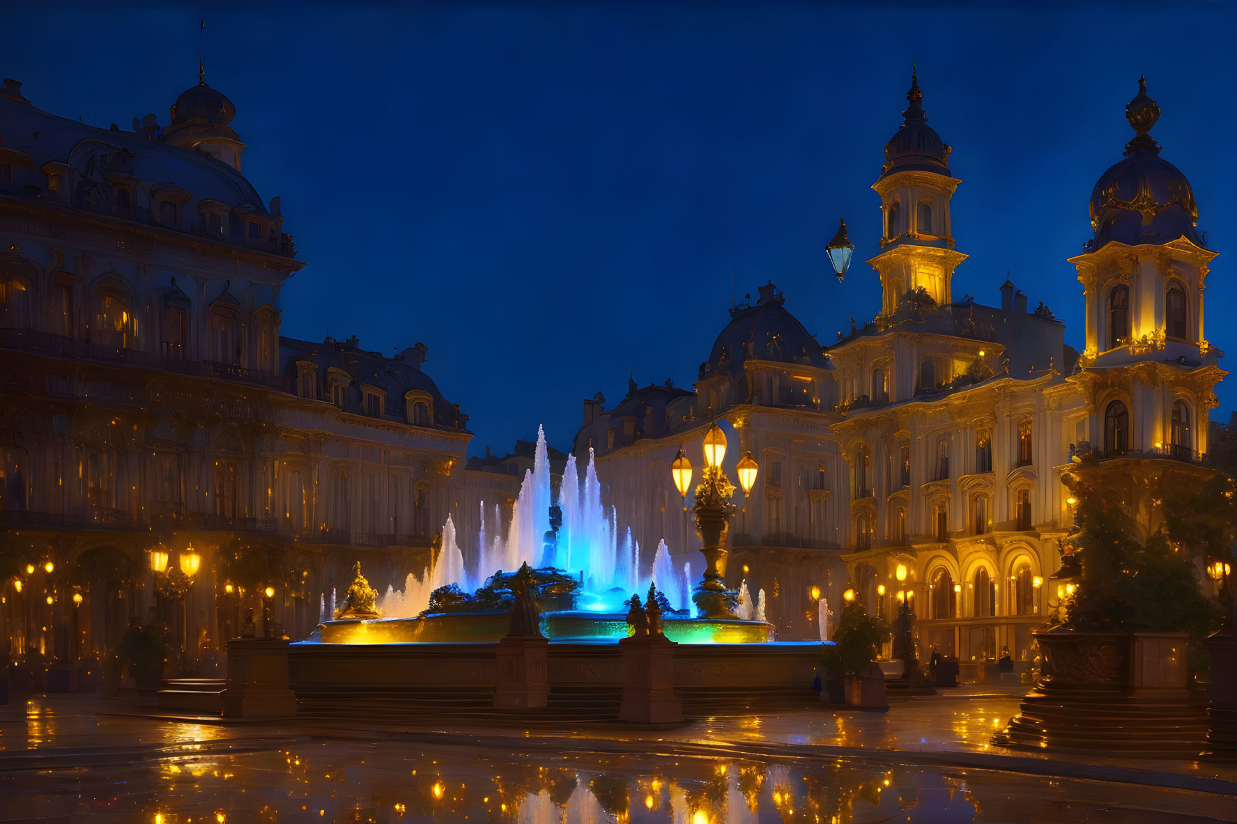 Illuminated Fountain with Blue Lights at Dusk