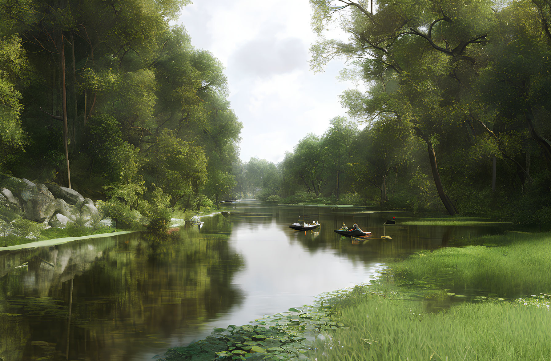 Tranquil River Scene with Kayakers and Lush Greenery