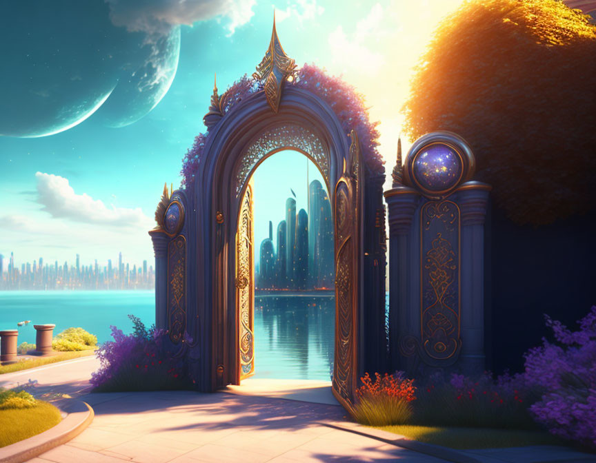 Golden Fantasy Gate Reveals Futuristic City by Water with Two Moons