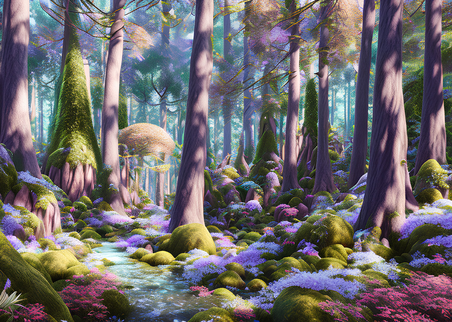 Lush Forest Scene with Purple and Pink Flora and Moss-Covered Stones