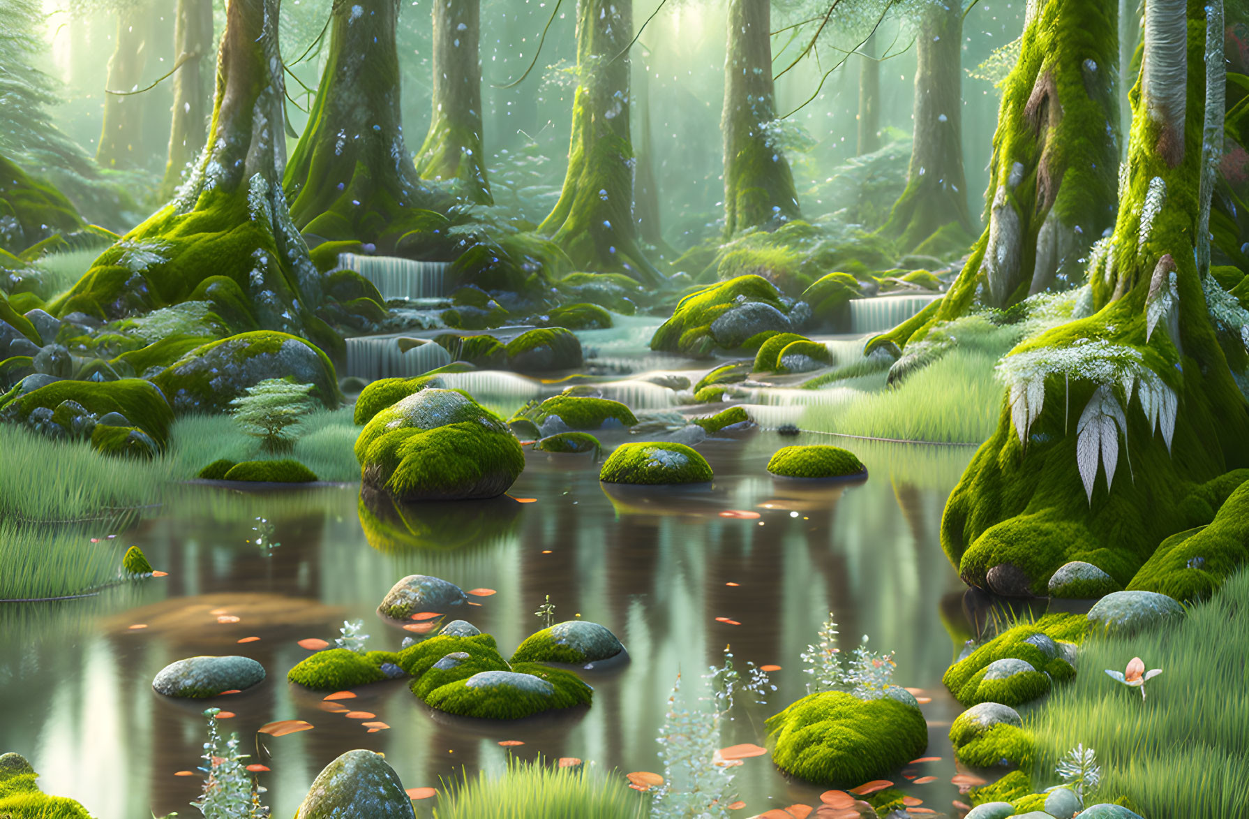 Serene Enchanted Forest with Moss-Covered Rocks and Pink Flowers
