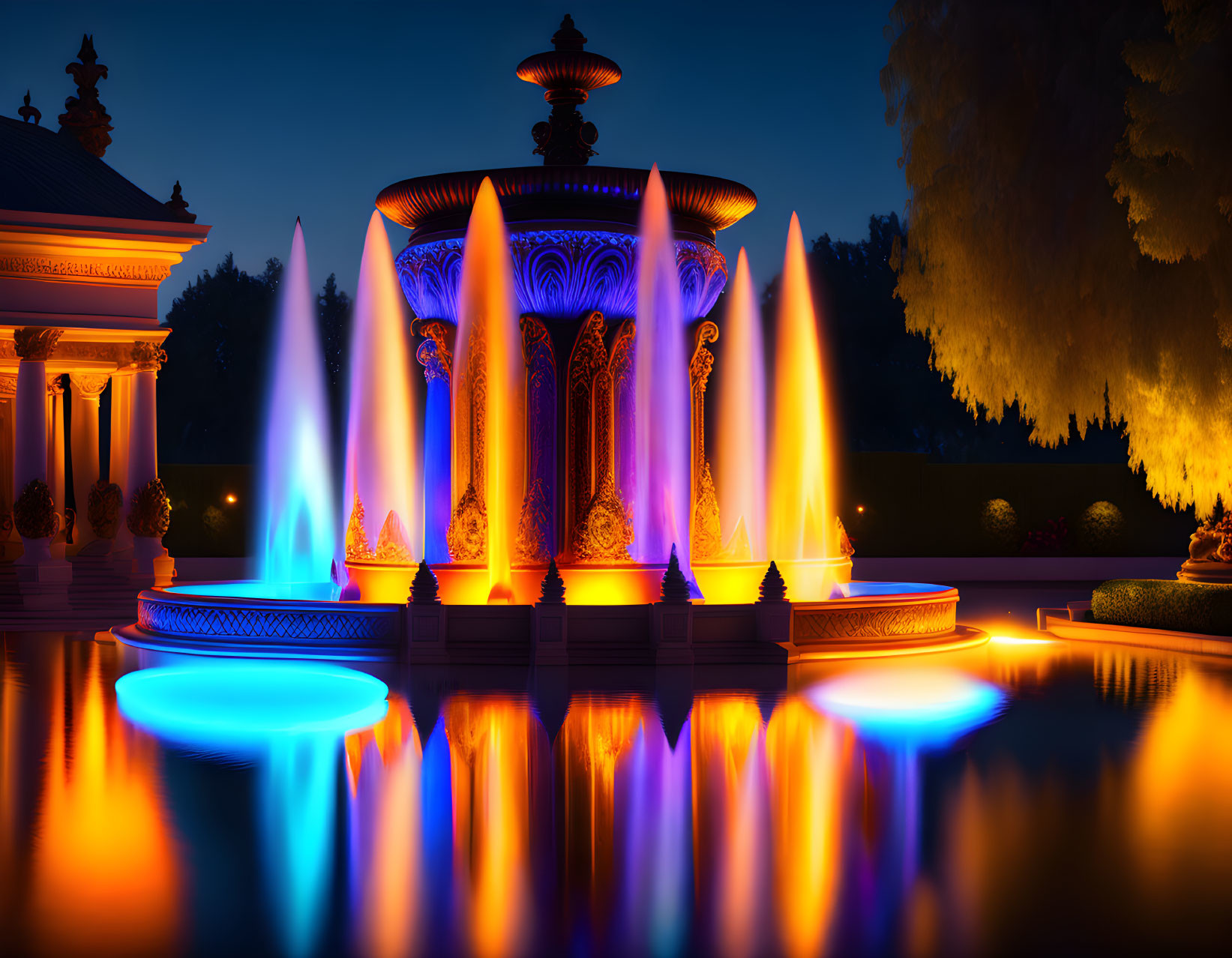 Nighttime illuminated fountain with blue and orange water jets on dark background