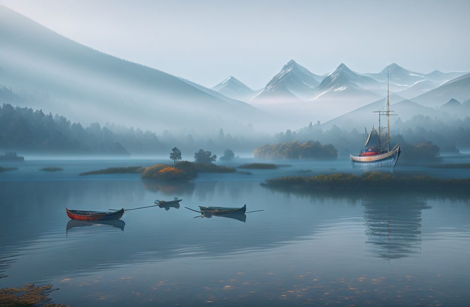 Foggy morning on a lake surrounded by mountains