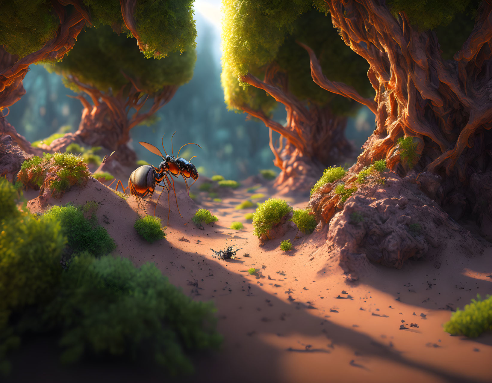 Giant ant in mystical forest with oversized trees and soft light