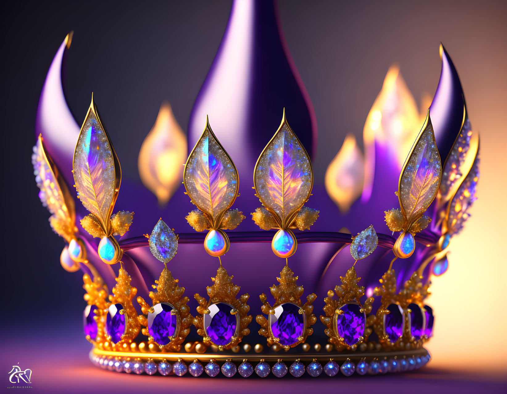 Golden Crown with Purple Jewels and Teardrop Designs on Warm Purple Background