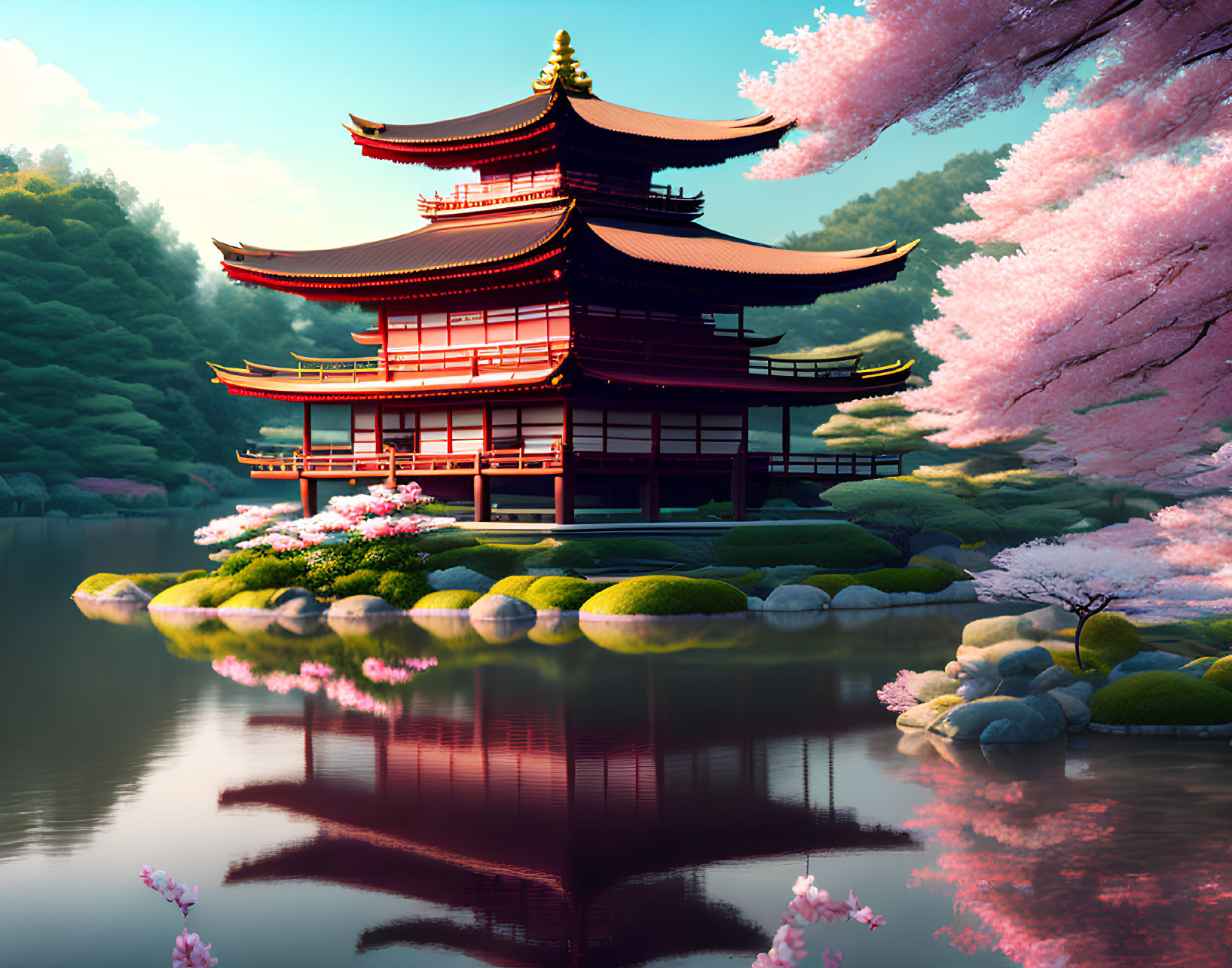 Traditional Red Pagoda Amid Cherry Blossoms and Pond with Rocks