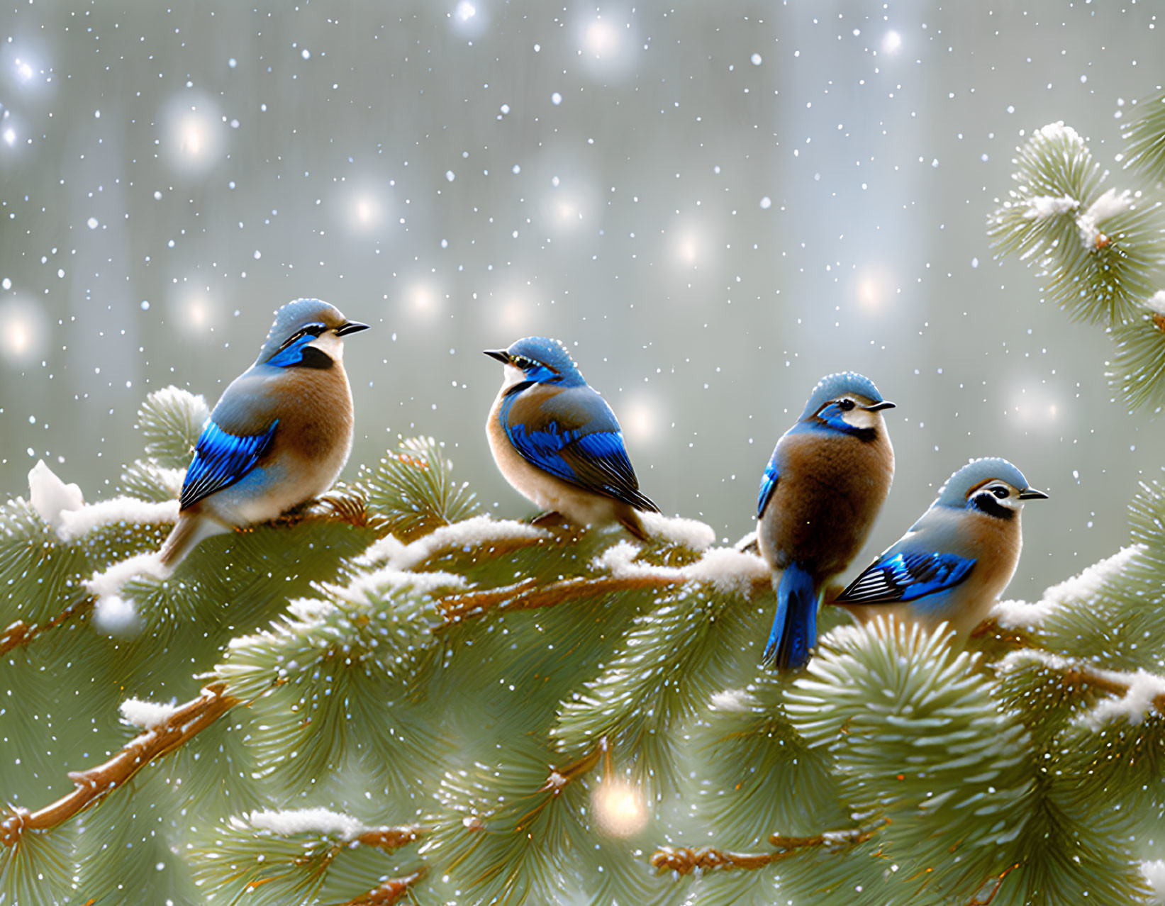 Bluebirds perched on snowy pine branches with falling snowflakes.