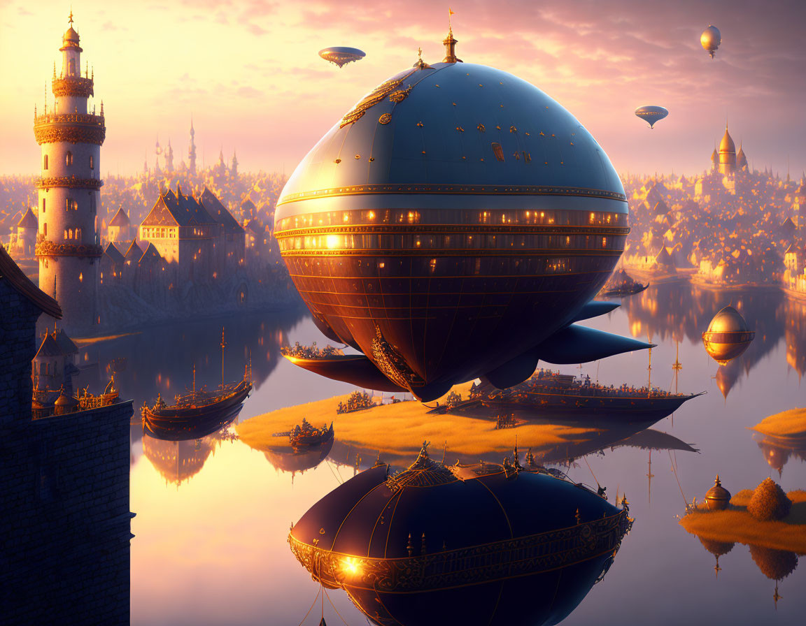 Fantastical cityscape with airships, towers, and golden sunset reflection.