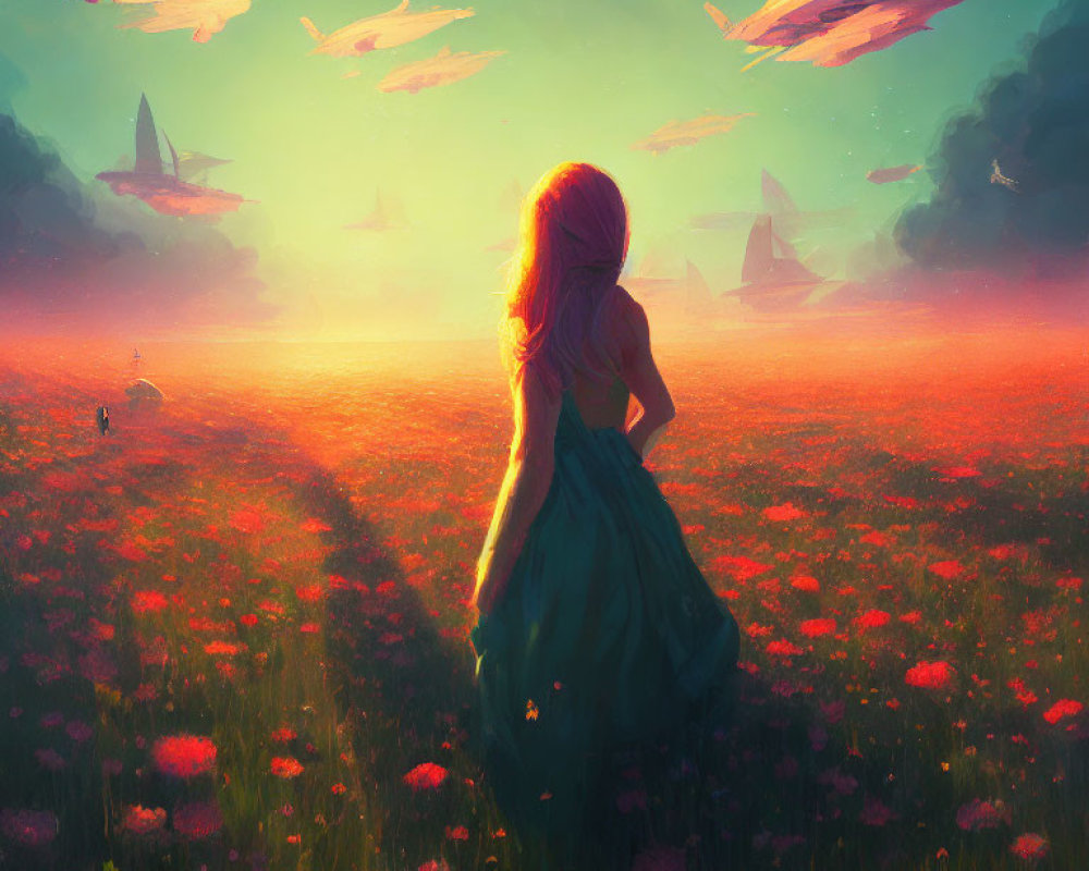 Girl in Blue Dress Stands in Vibrant Red Field