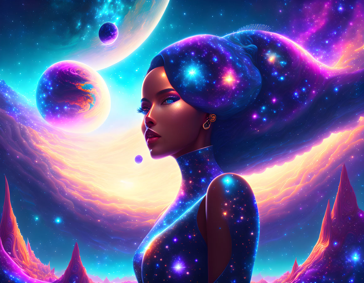 Digital artwork featuring woman with galaxy-themed skin and hair in cosmic backdrop